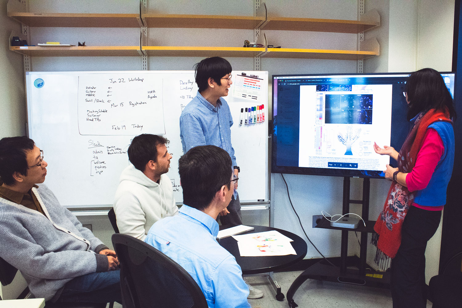 Yixian Zheng (right) and her research team (left to right: Xiaobin Zheng, John Sittmann, Chen-Ming Fan, and Minjie Hu) discuss their approach to studying coral symbiosis. Photo is courtesy of Navid Marvi.